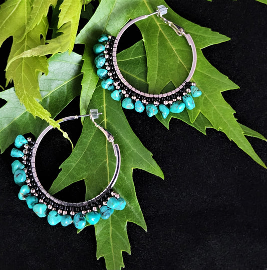 1.5" Turquoise Nugget Silver Hoops