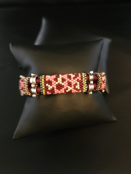 Leather Bracelet - Burgundy & Pink Cow Hide